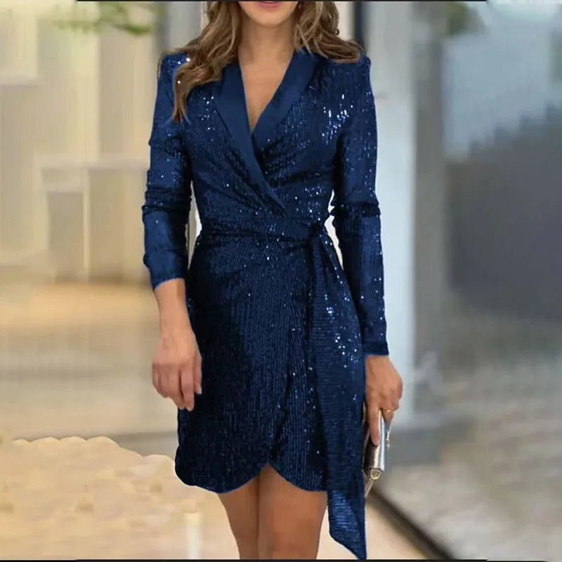 Women's - Elegant Sequin Wrap Dress - Shimmering Fabric - Perfect for Parties and Special Occasions