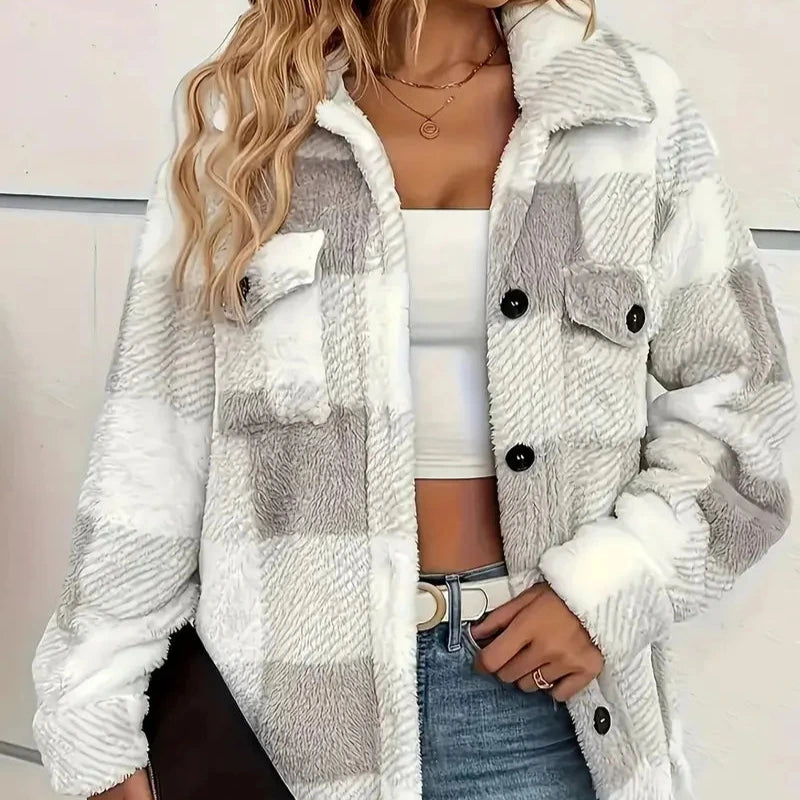 Women's - Checkered Fleece Jacket - Cosy & Warm