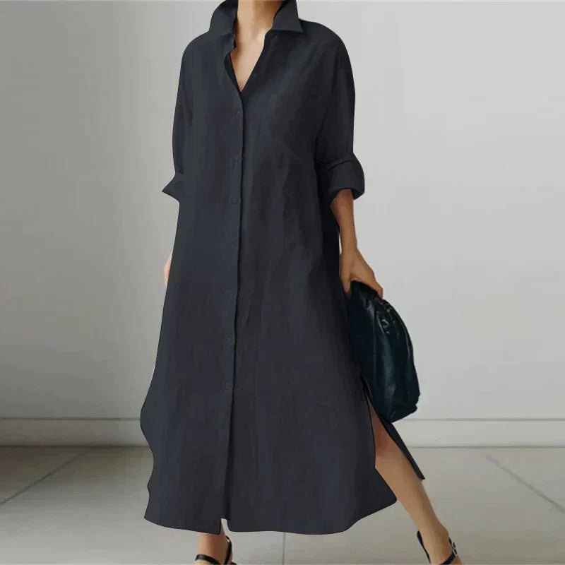 Women's - Button-Up Shirt Dress with Slit - Stylish Fit
