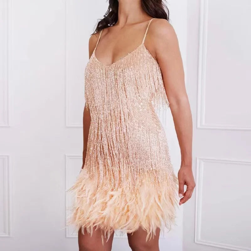 Women's - Elegant Mini Dress - Sequin and Feather Design - Perfect for Parties and Special Occasions