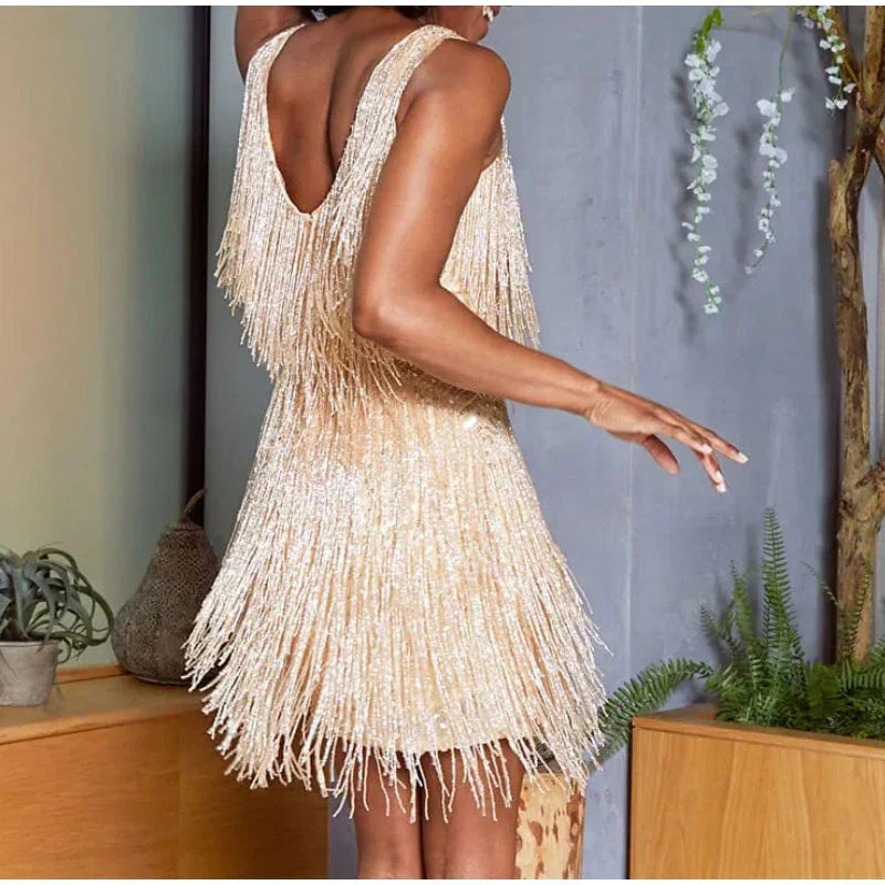 Women's - Elegant Mini Dress - Sequin and Feather Design - Perfect for Parties and Special Occasions