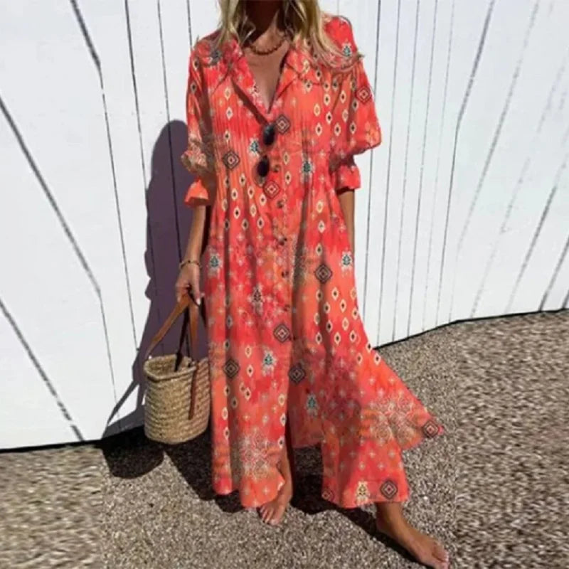 Women's - Boho V-Neck Maxi Dress - Stylish & Flowing
