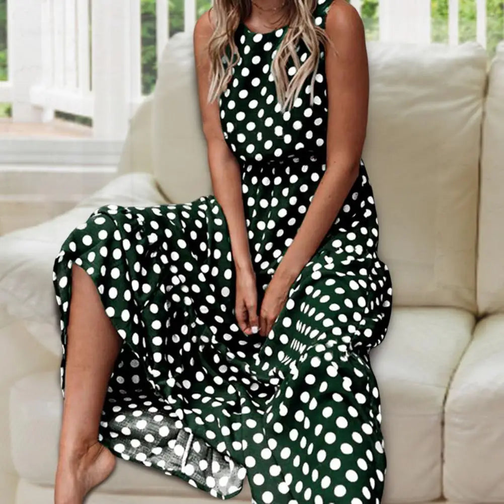 Women's - Sleeveless Polka Dot Maxi Dress - Chic Style