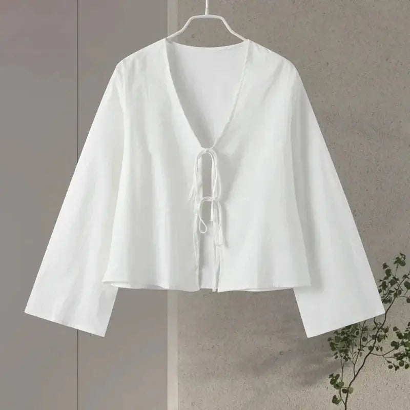 Women's - Chic Long Sleeve Shirt - Lace-Up Design & Comfortable Fit - Effortless Everyday Fashion - Stylish Wardrobe Essential
