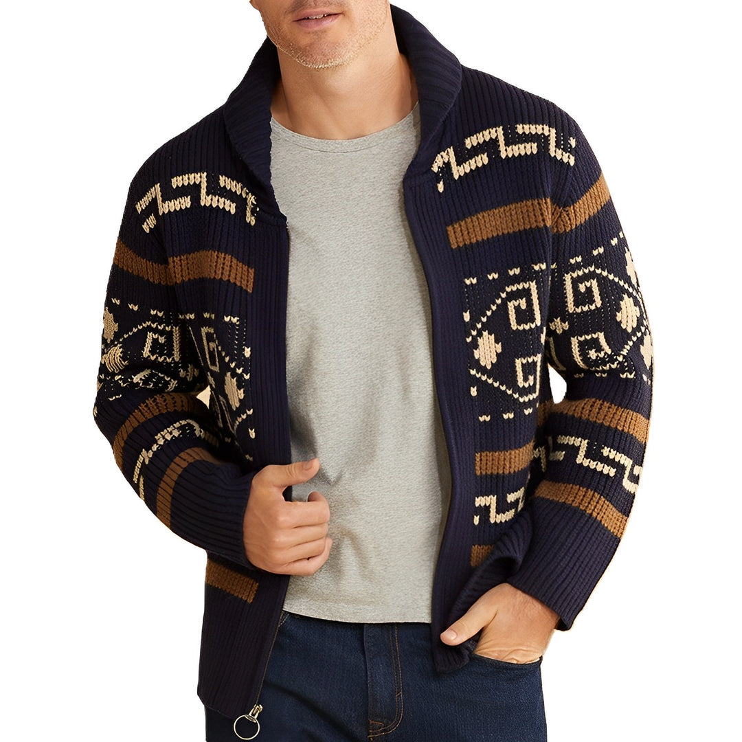 Men's - Knit Zip-Up Cardigan - Shawl Collar Pattern