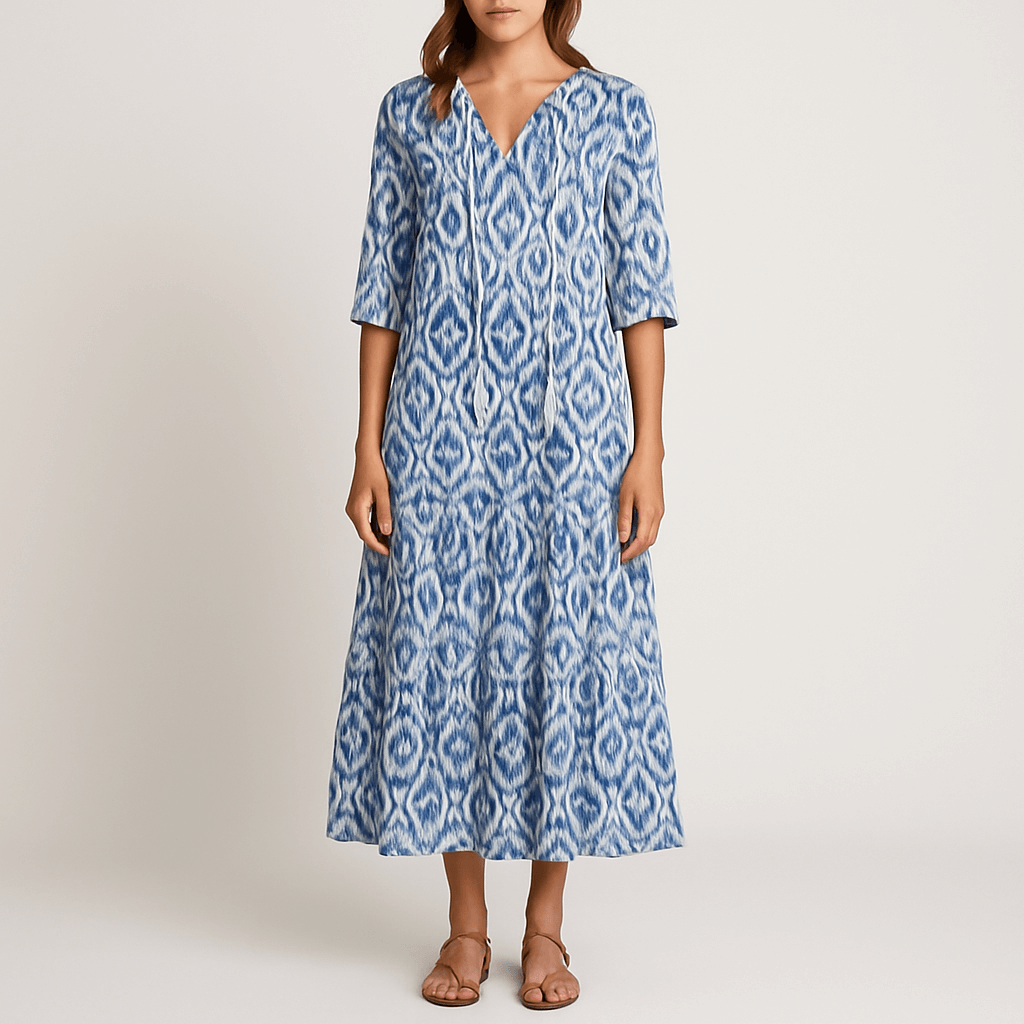 Women's - Boho Vintage V-Neck Floral Dress - Elegant Design