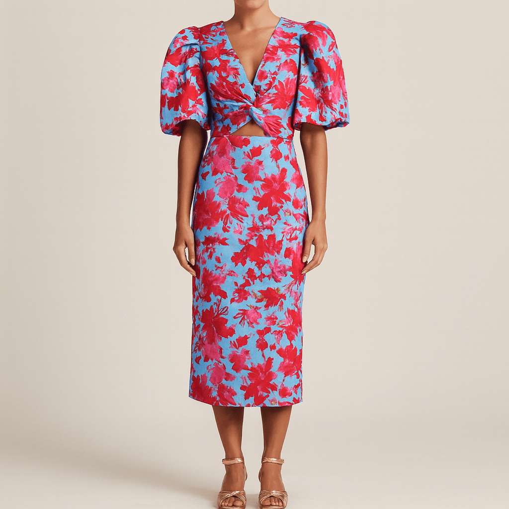 Women's - Casual V-Neck Puff Sleeve Dress - Floral Patterns