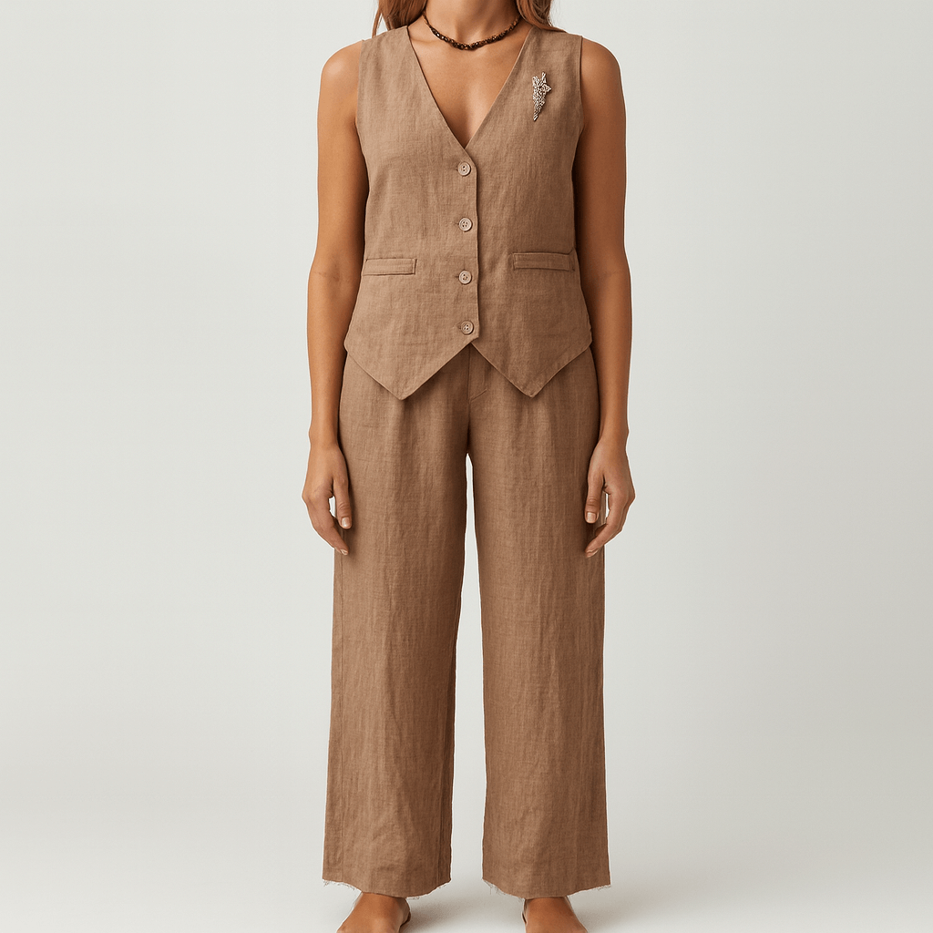 Women's - Chic Linen Vest and Pants Set - Stylish Comfort