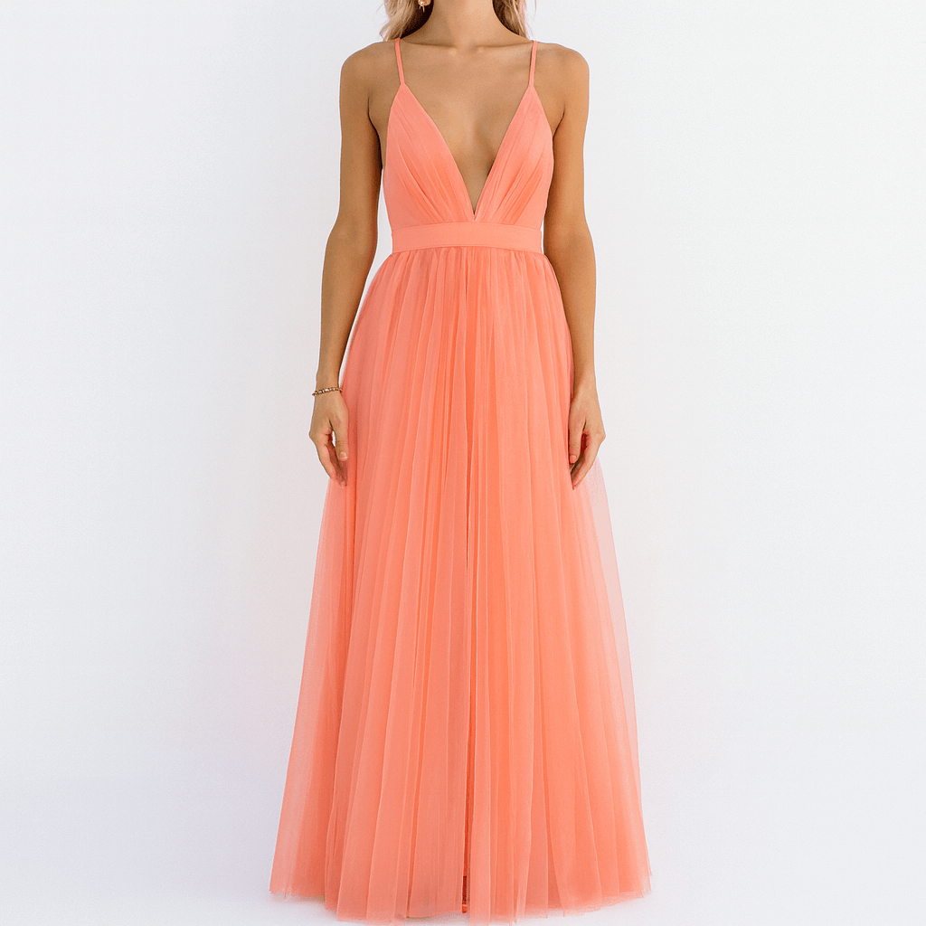 Women's - Long V-Neck Chiffon Dress - Elegant Style