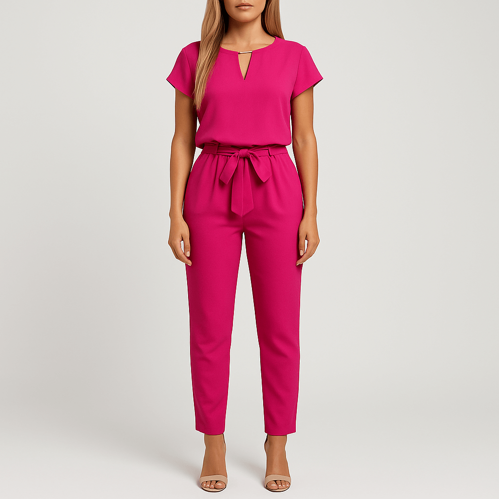 Women's - Short Sleeve Jumpsuit - Elegant Tie