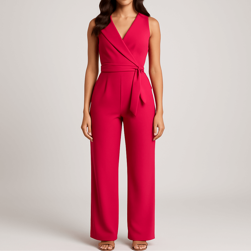 Women's - Sleeveless Wrap Jumpsuit - Belted Waist