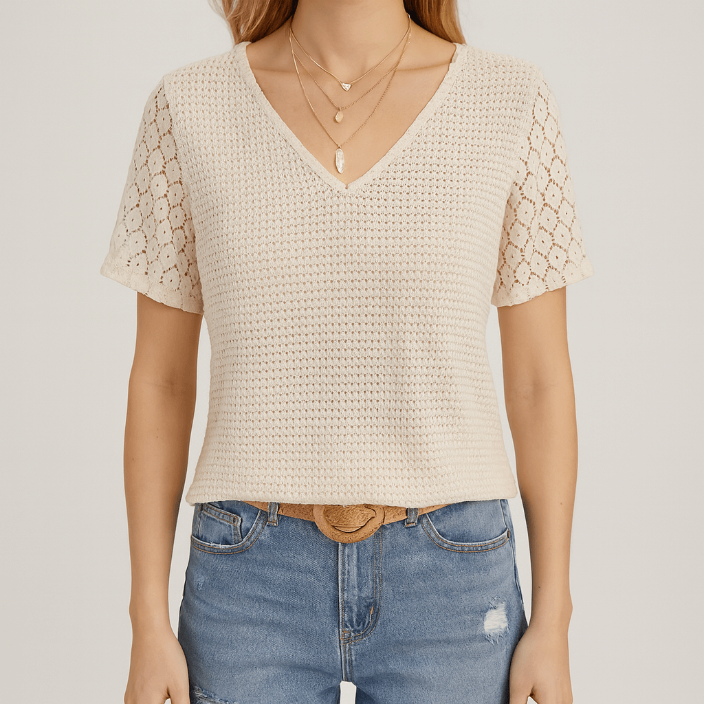 Women's - V-Neck Top with Crocheted Back Detail