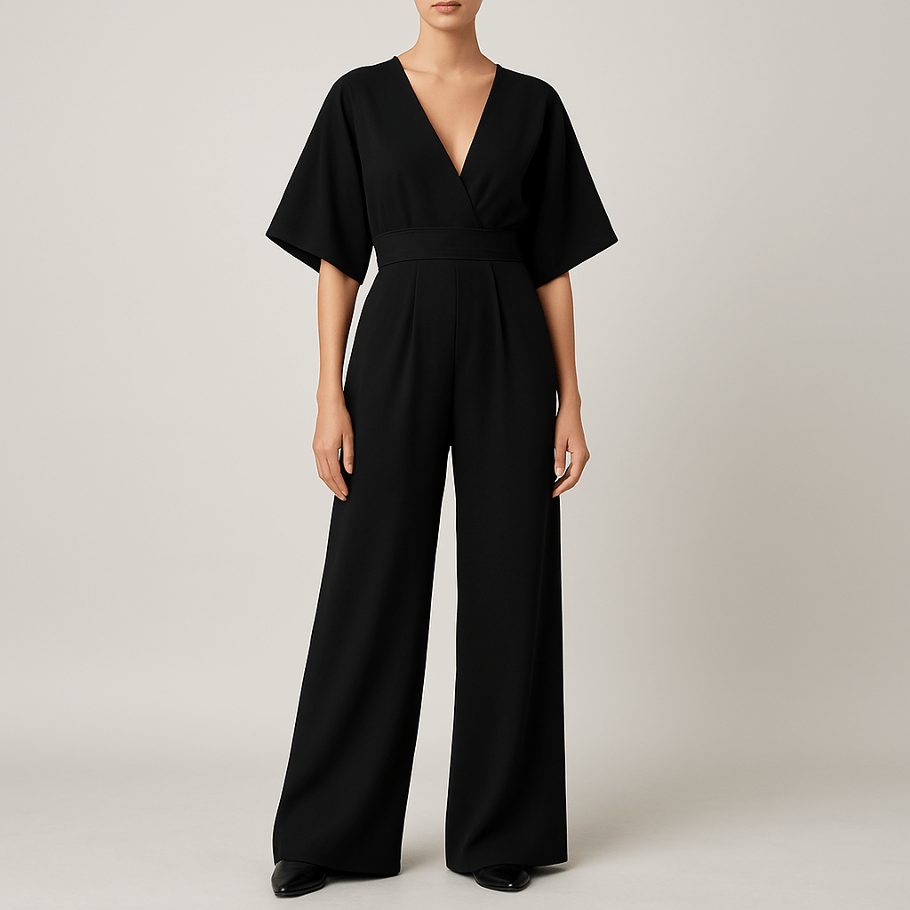 Women's - V-neck Jumpsuit - Wide Leg Design