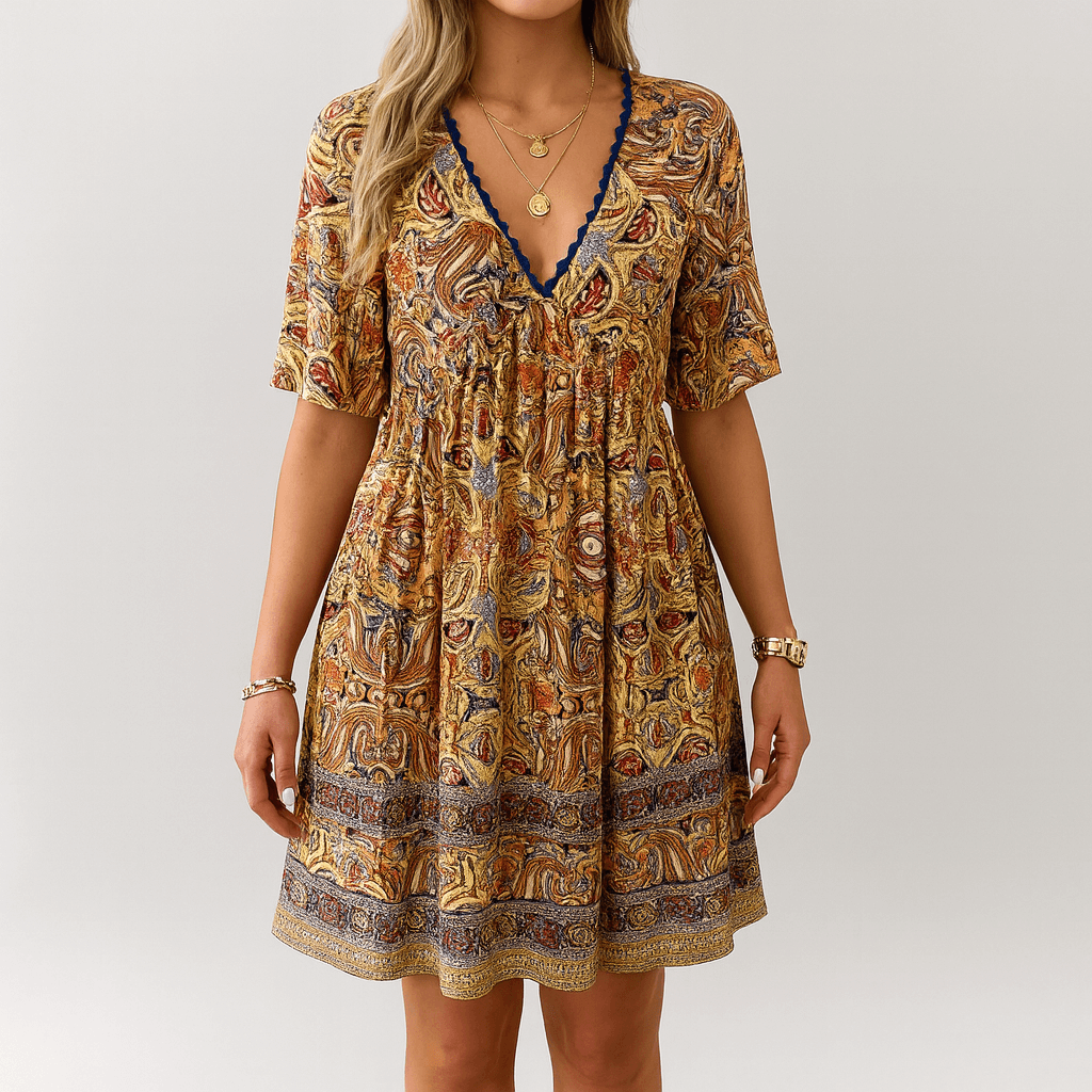 Women's - Boho Paisley Print Mini Dress - Lightweight Fabric