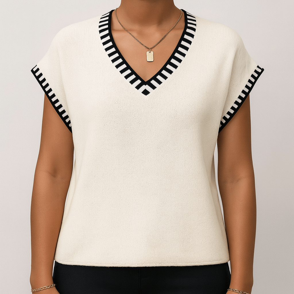 Women's - Contrast Trim V-Neck Short Sleeve Knit Top - Stylish & Comfortable