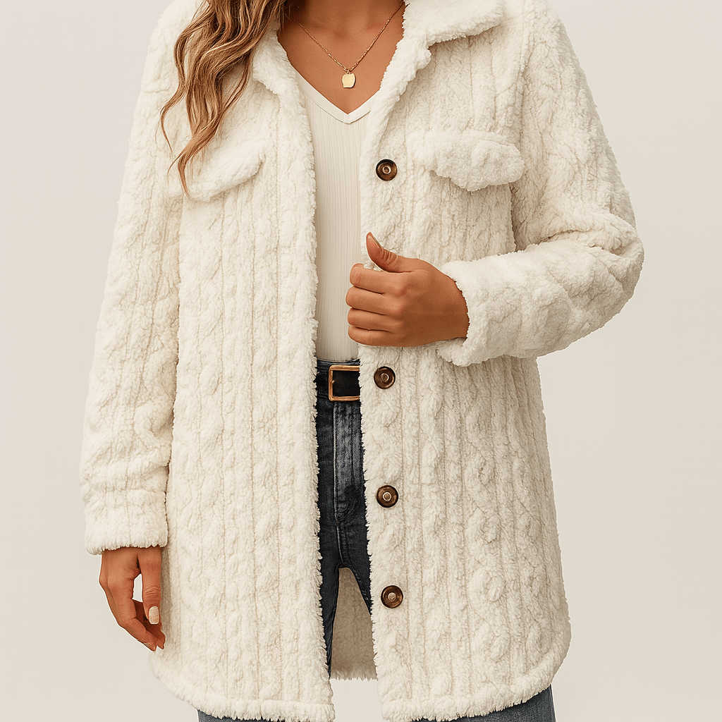 Women's - Fuzzy Longline Coat - Button Up, Long Sleeve, Cosy Style