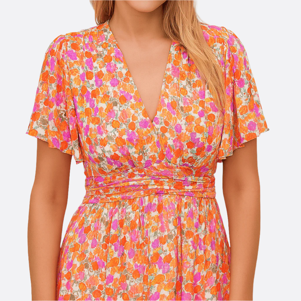 Women's – Floral Dress – V-Neck, High Waist Fit