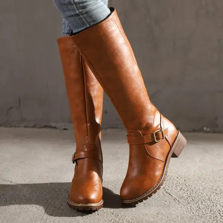 Women's - Classic Knee-High Boots with Buckle Detail