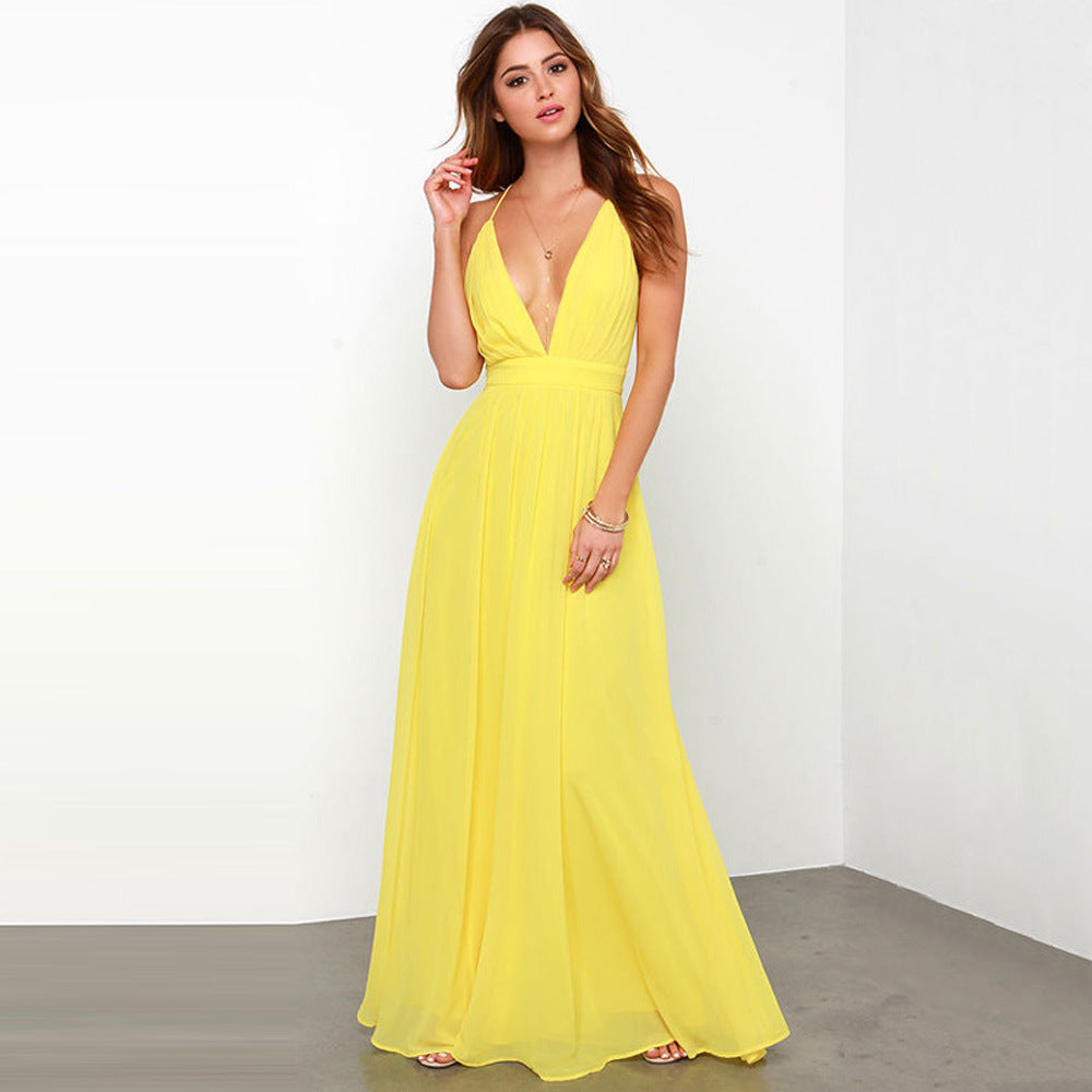 Women's - Long V-Neck Chiffon Dress - Elegant Style