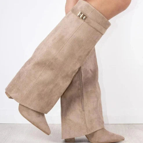 Women's - Knee-High Boots - Pointed Toe Leather Zip