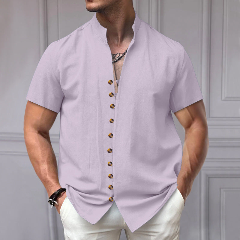 Men's - Short Sleeve Stand Collar Shirt - Linen Blend