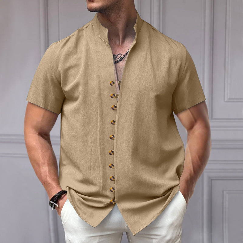 Men's - Short Sleeve Stand Collar Shirt - Linen Blend