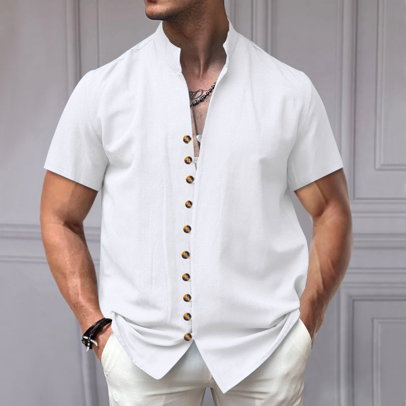 Men's - Short Sleeve Stand Collar Shirt - Linen Blend