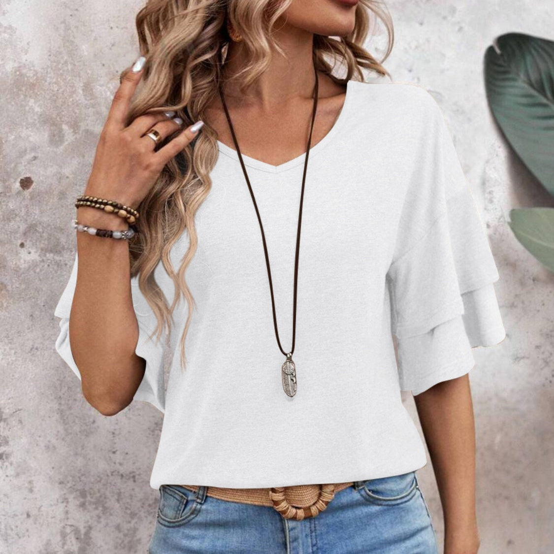 Women's - V-Neck Half Sleeve Blouse - Soft Fabric - Stylish Top