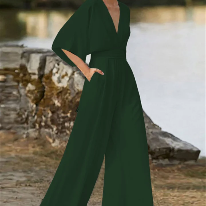 Women's - V-neck Jumpsuit - Wide Leg Design