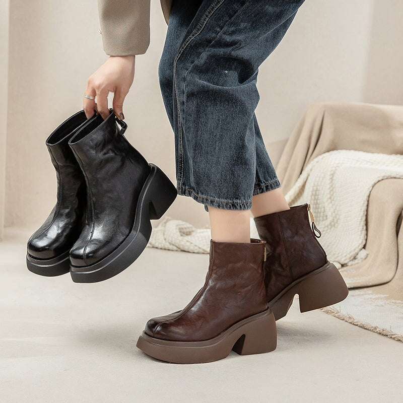 Women's - 50mm Platform Boots - Back Zip, Round Toe Style
