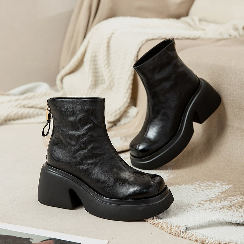 Women's - 50mm Platform Boots - Back Zip, Round Toe Style
