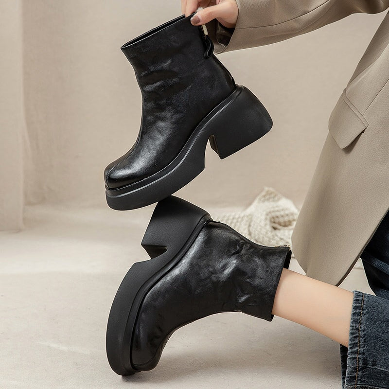 Women's - 50mm Platform Boots - Back Zip, Round Toe Style