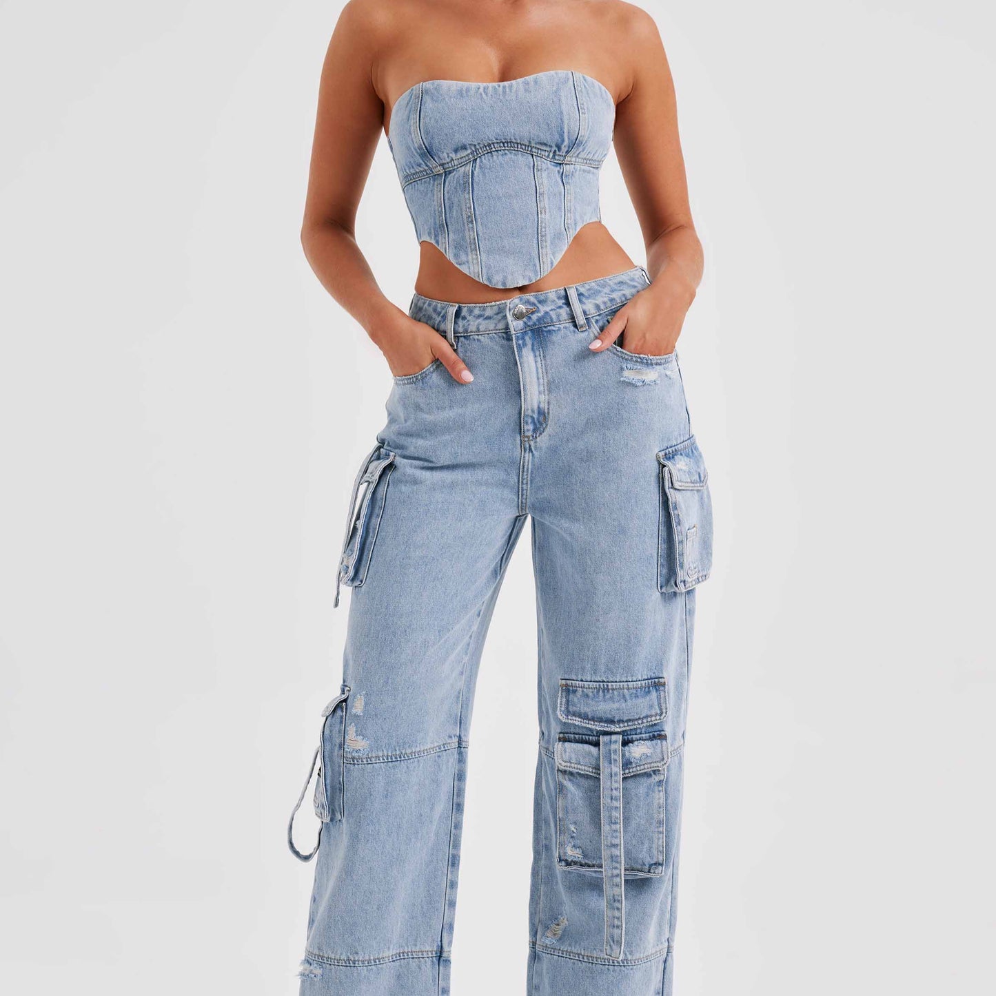 Women's - Stylish Denim Cargo Pants - Trendy & Versatile - Comfortable Fit - Perfect for Everyday Wear