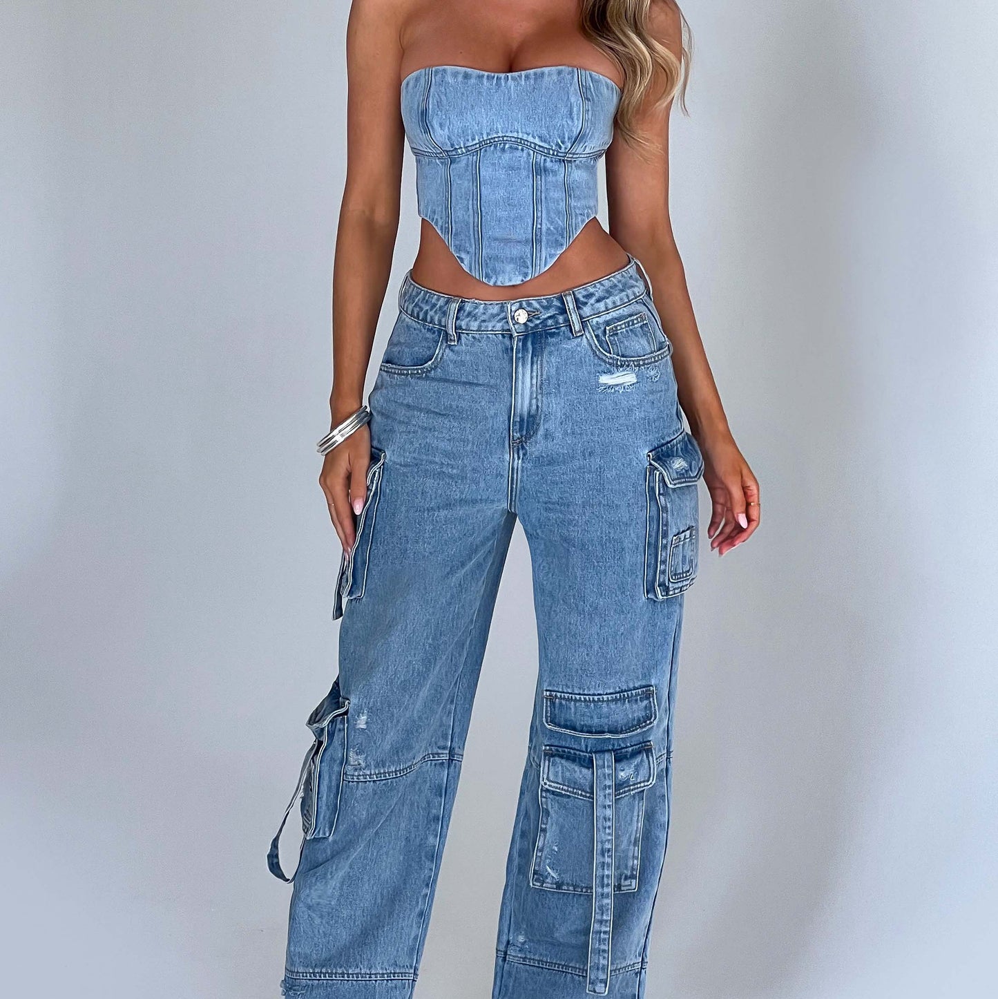 Women's - Stylish Denim Cargo Pants - Trendy & Versatile - Comfortable Fit - Perfect for Everyday Wear