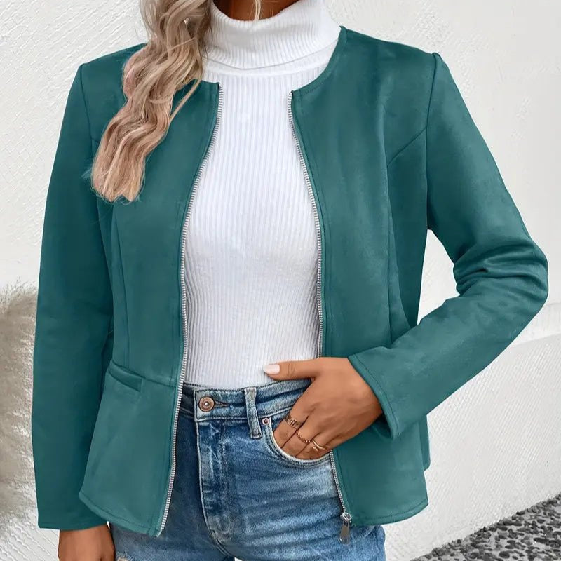 Women's - Tailored Jacket - Minimalist Zip-Up Design - Smart Casual Outerwear