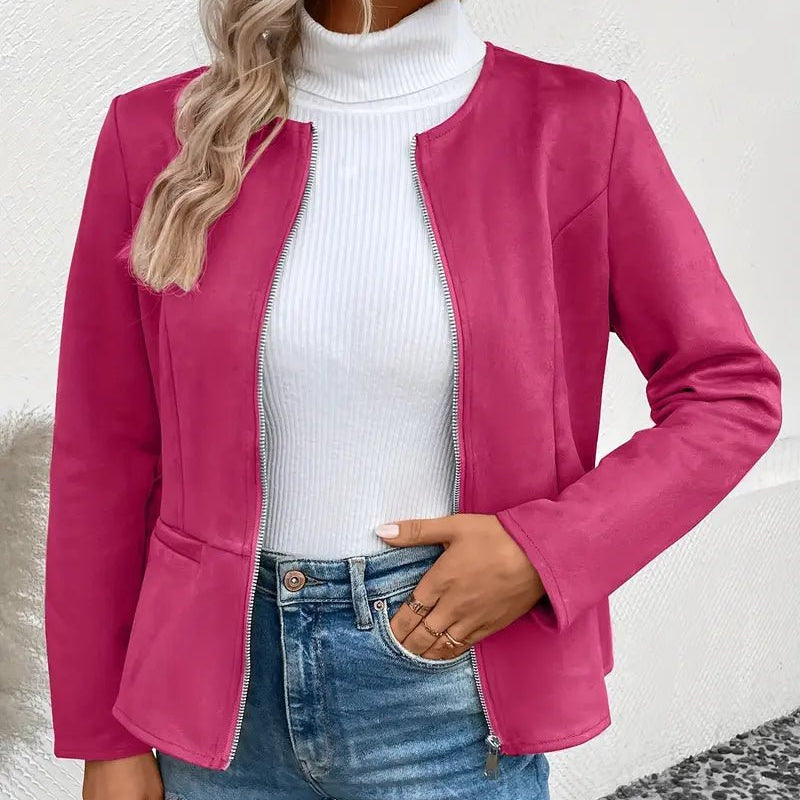 Women's - Tailored Jacket - Minimalist Zip-Up Design - Smart Casual Outerwear