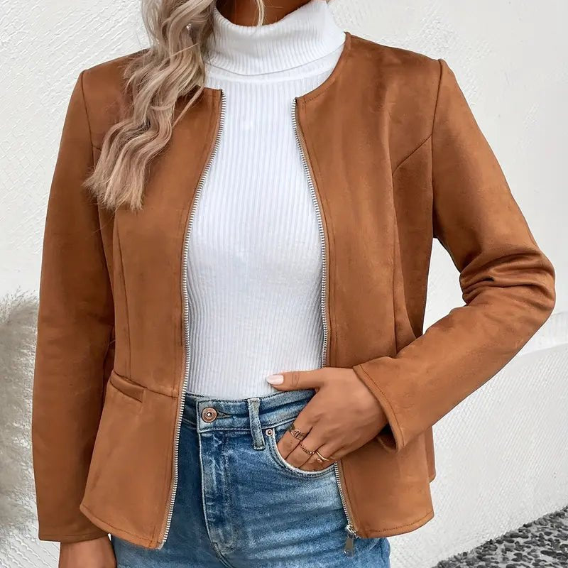 Women's - Tailored Jacket - Minimalist Zip-Up Design - Smart Casual Outerwear