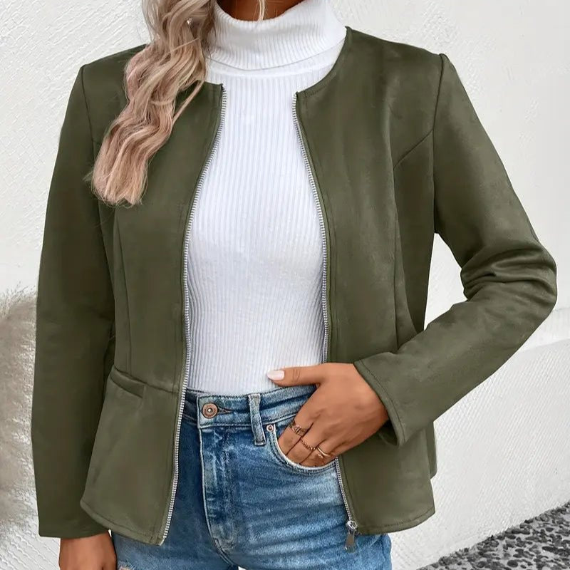 Women's - Tailored Jacket - Minimalist Zip-Up Design - Smart Casual Outerwear