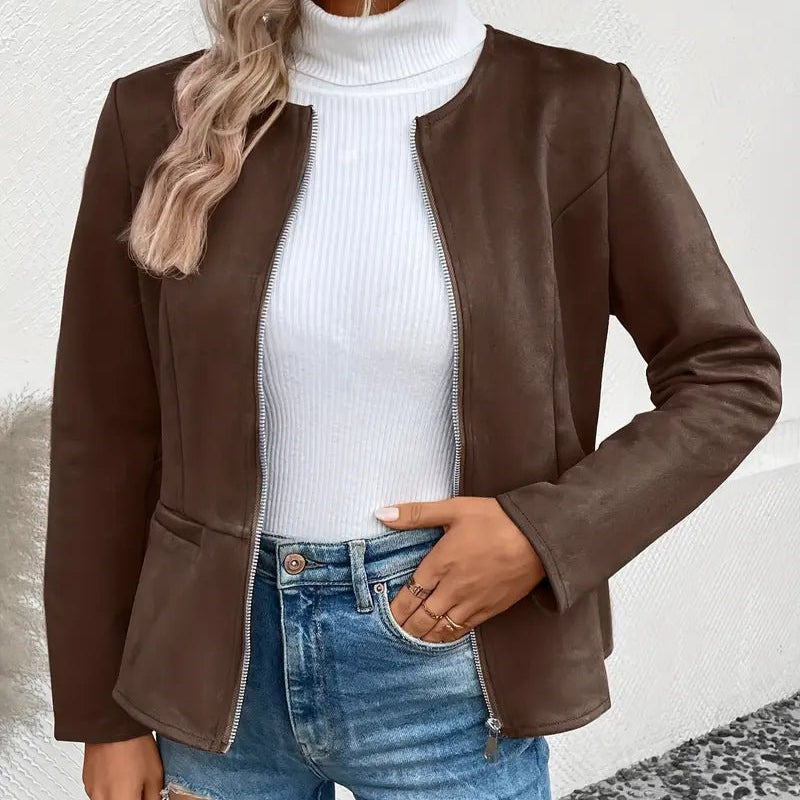 Women's - Tailored Jacket - Minimalist Zip-Up Design - Smart Casual Outerwear