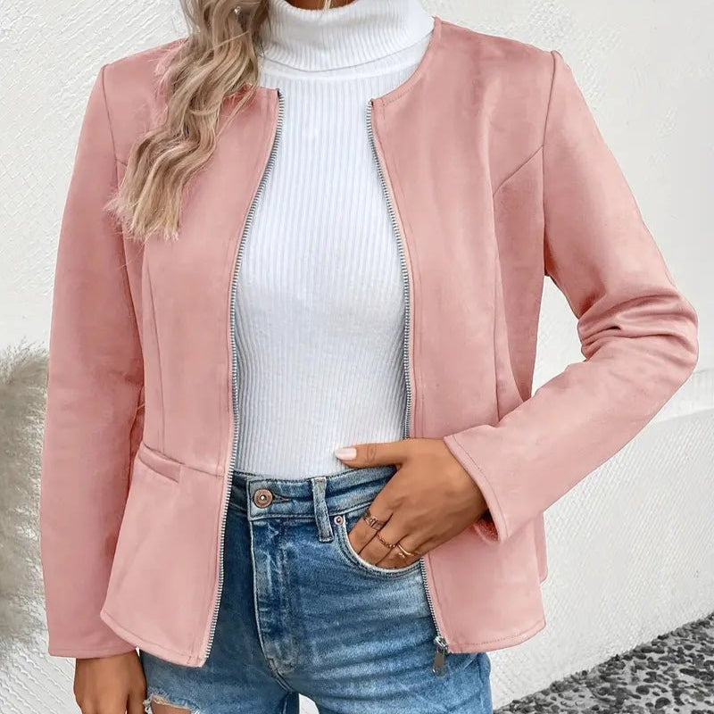 Women's - Tailored Jacket - Minimalist Zip-Up Design - Smart Casual Outerwear