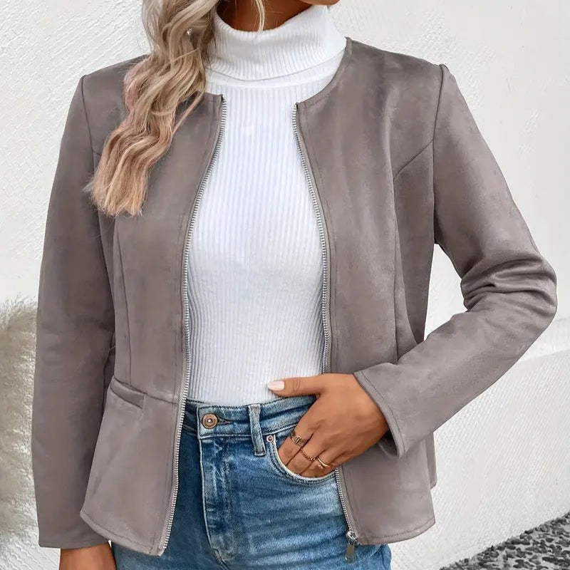 Women's - Tailored Jacket - Minimalist Zip-Up Design - Smart Casual Outerwear