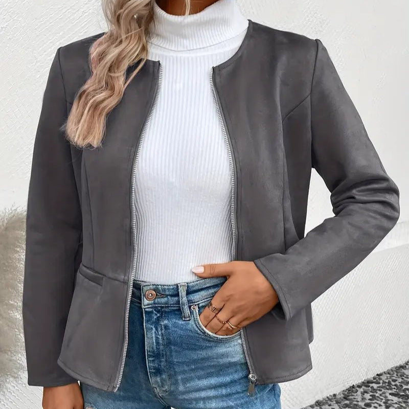 Women's - Tailored Jacket - Minimalist Zip-Up Design - Smart Casual Outerwear