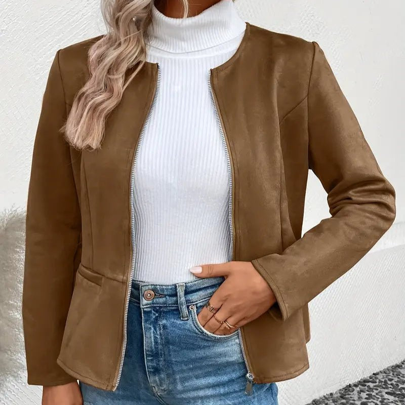 Women's - Tailored Jacket - Minimalist Zip-Up Design - Smart Casual Outerwear