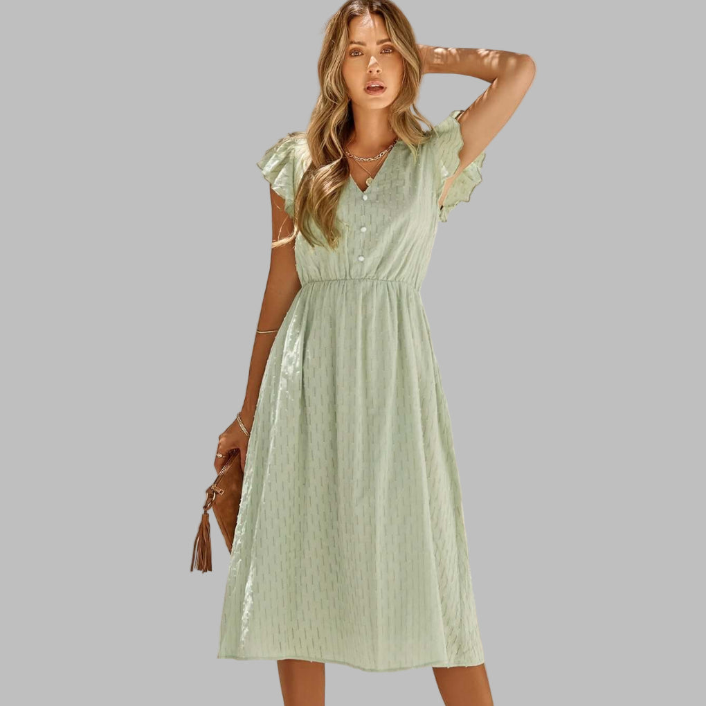 Women's - Ruffled V-Neck Midi Dress - Flowing Style