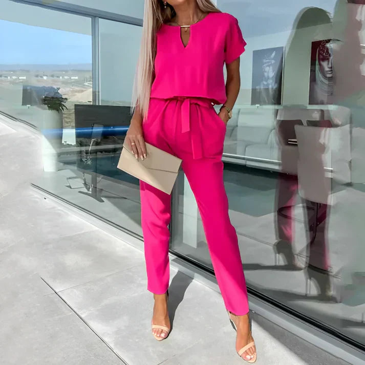 Women's - Short Sleeve Jumpsuit - Elegant Tie