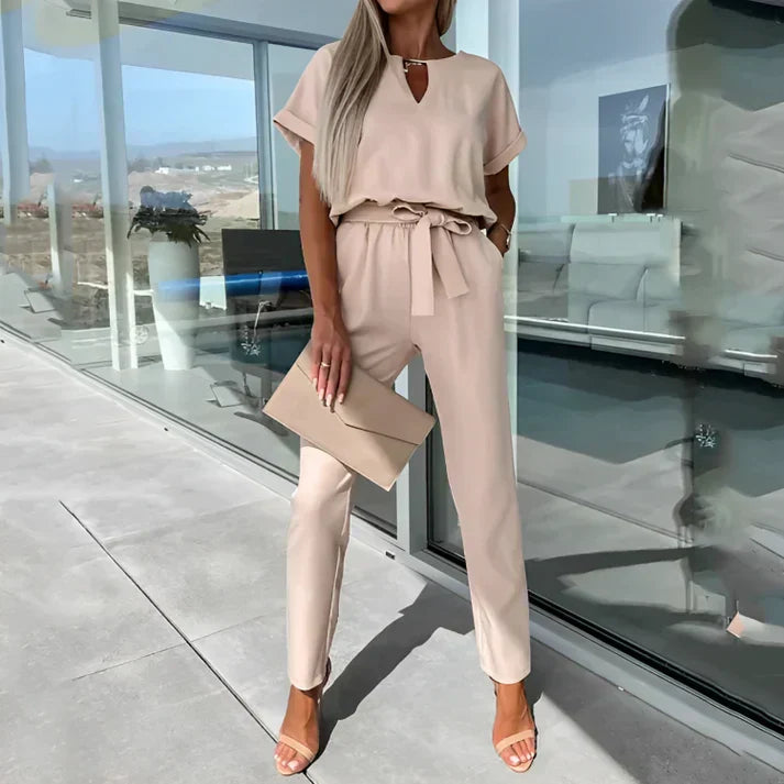 Women's - Short Sleeve Jumpsuit - Elegant Tie