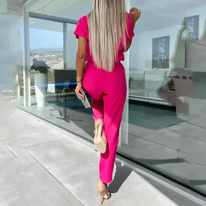 Women's - Short Sleeve Jumpsuit - Elegant Tie
