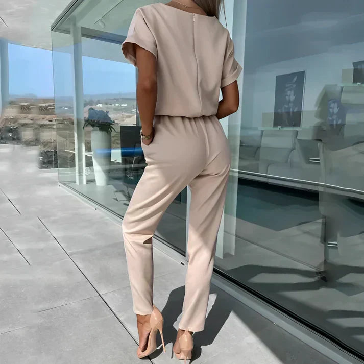 Women's - Short Sleeve Jumpsuit - Elegant Tie