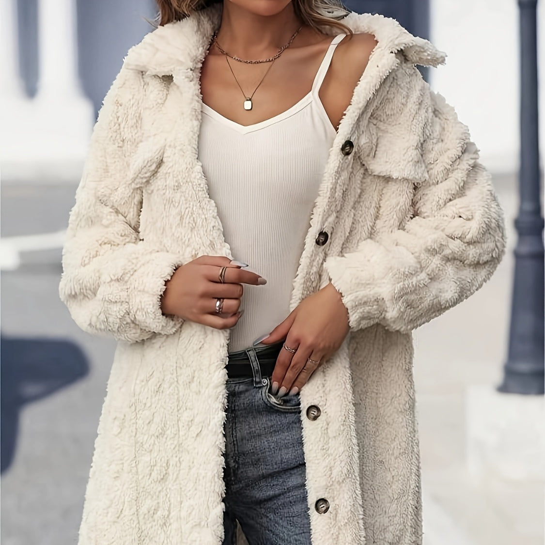 Women's - Fuzzy Longline Coat - Button Up, Long Sleeve, Cosy Style