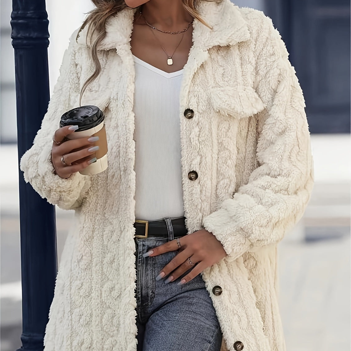Women's - Fuzzy Longline Coat - Button Up, Long Sleeve, Cosy Style